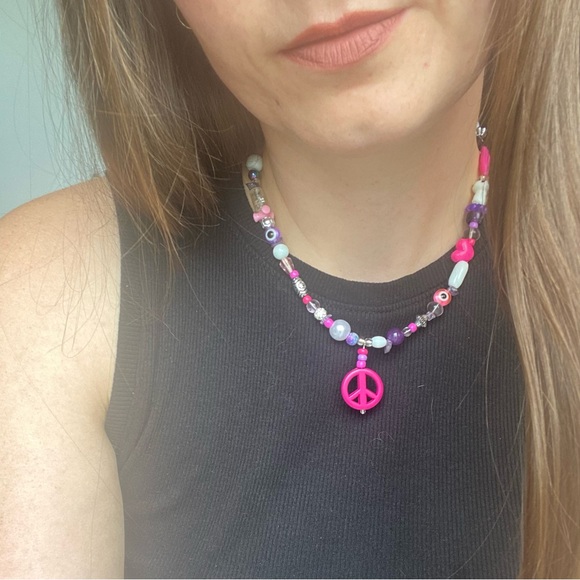 Peace of My Heart Beaded Pendant Necklace Silver Crystal Stone Evil Eye Heart - Picture 13 of 14